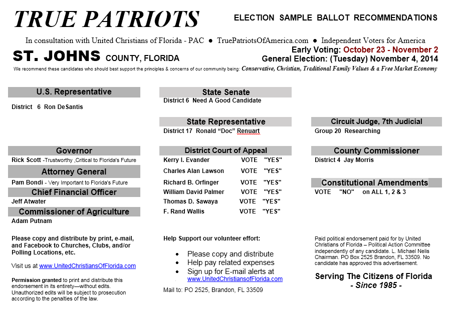 2014 GENERAL Election ST JOHNS County Christian Voter Guides 2014 GENERAL Election ST JOHNS County Christian Voter Guides