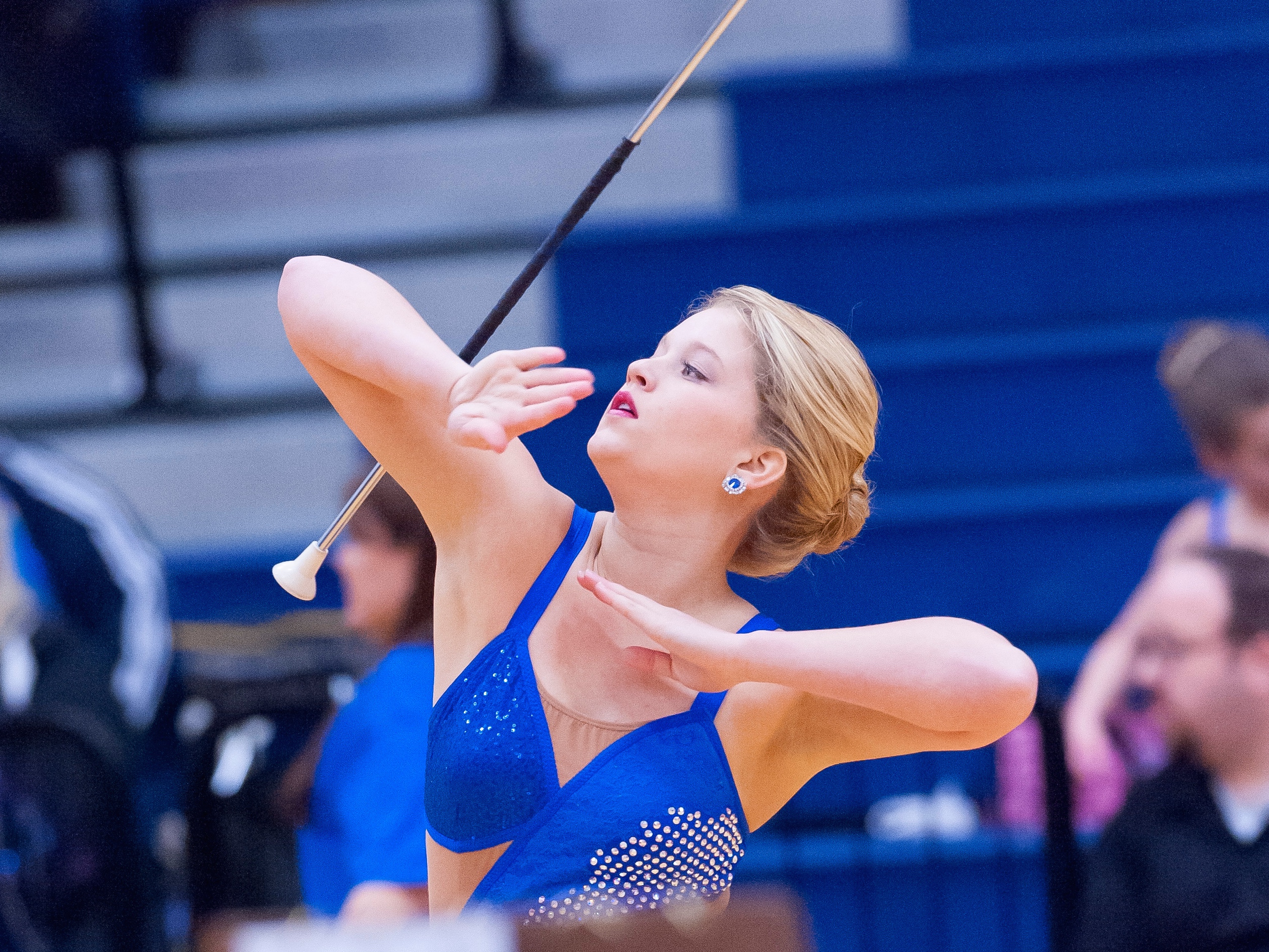 Local Feature twirlers for the two Woodlands high schools: (L to R) Rachel Hutchinson-CPHS, Jillian Romaguera-TWHS, Lindsay Richards-CPHS, Lindsey McCormick-TWHS, Allie Pellerito-CPHS and Isabel Obias-TWHS