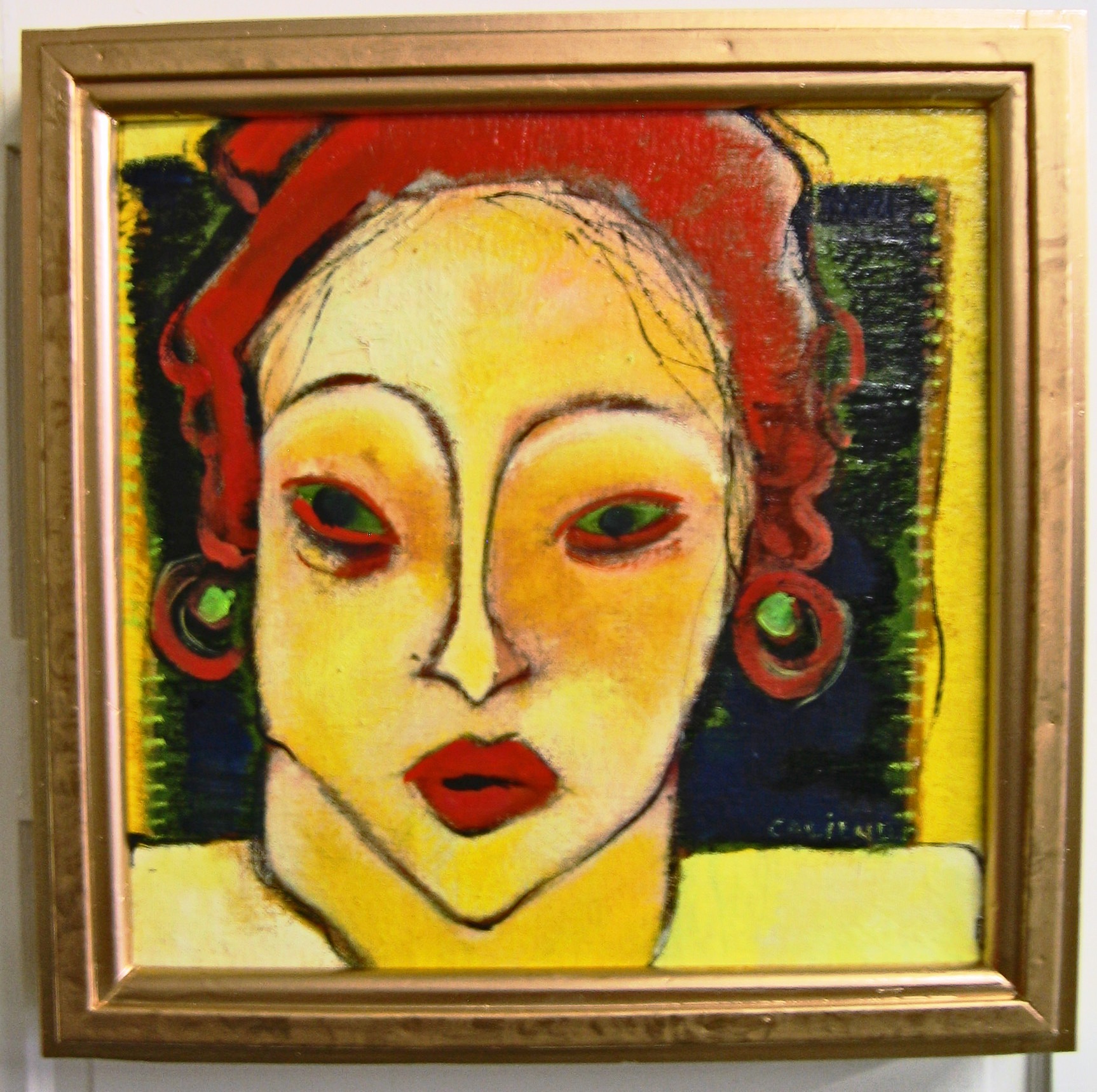 Girl with Red Earrings and Hat on board $600.00