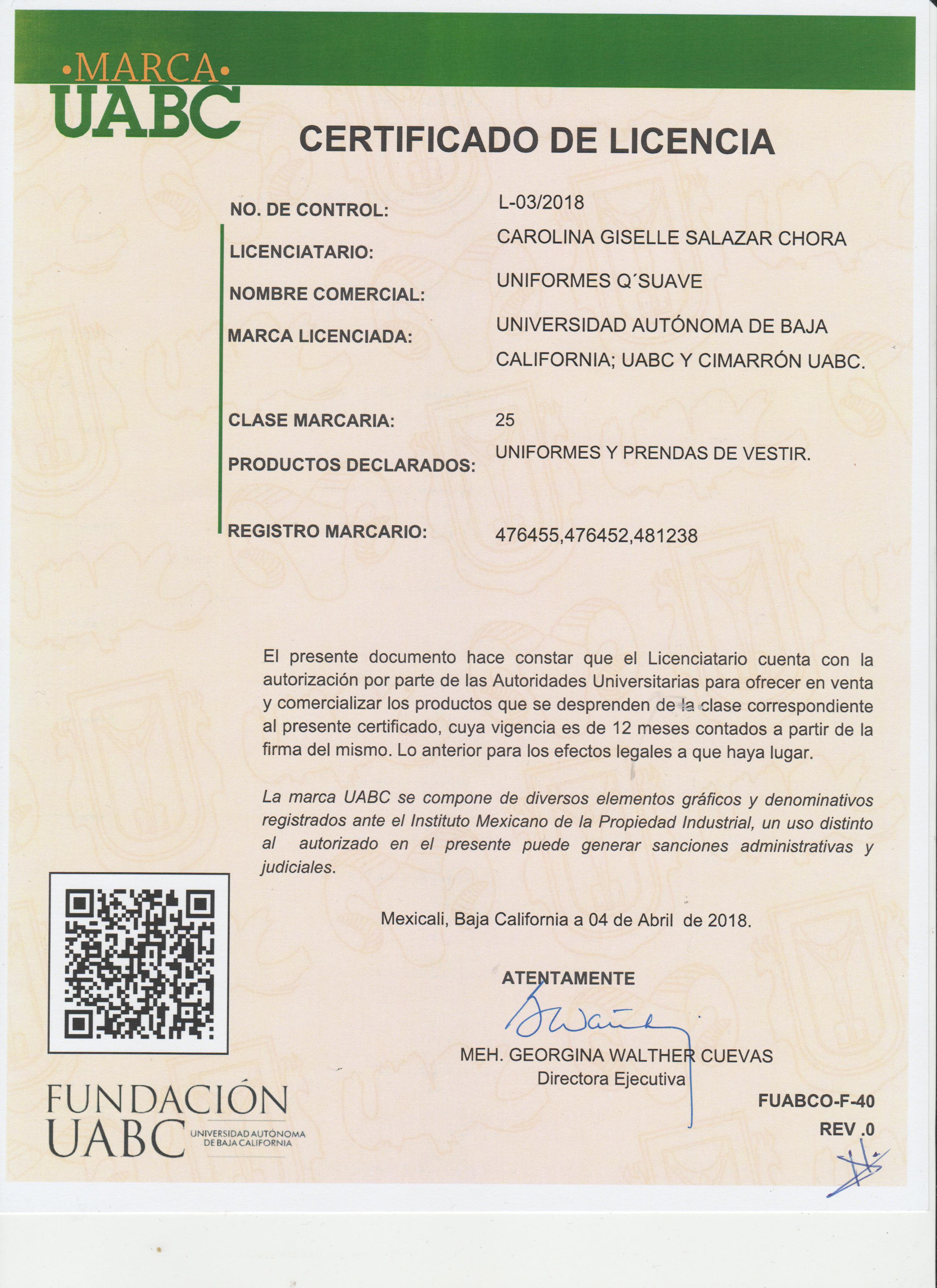 Certificado de Licencia Uniformes QSuave UABC